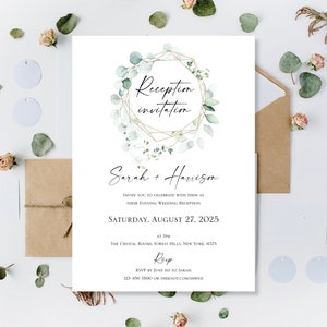 Printed Eucalyptus Evening Wedding Invitations, Reception Invitation, Night wedding Invite, Gold Green Wedding Invite, Reception only invite