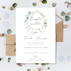 Printed Eucalyptus Evening Wedding Invitations, Reception Invitation, Night wedding Invite, Gold Green Wedding Invite, Reception only invite