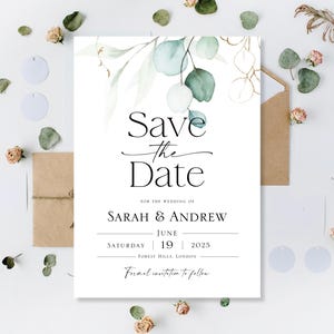 Gedruckte Save The Date Daten Abend-Tageskarten Save The Date-Karten Hochzeit Sparen Abend Sparen Sie unser Datum Minimalistisch Einfach Grün Gold Eukalyptus