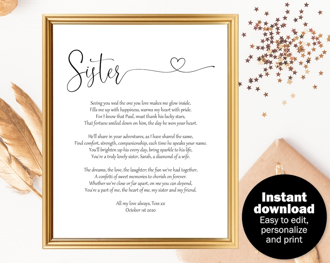 Sister Wedding Gift, Bride Gift From Sister, Sister Wedding Day Poem ...