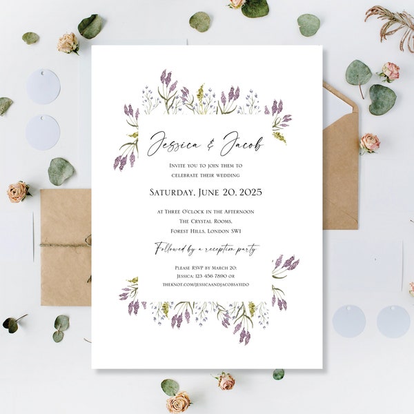 Printed Floral Wreath Wedding Day Evening Party Reception Invitations Invites Cards Lilac Purple Meadow Flowers Wildflowers Flat Folded