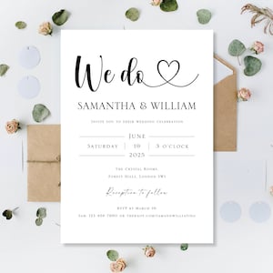 Gedrukte luxe gepersonaliseerde We Do Heart-huwelijksuitnodigingen nodigt uit voor een dag- of avondreceptie, alleen een minimalistische kalligrafieuitnodiging voor een feestje