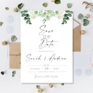 Gedruckt Sparen Sie unsere das Datum Hochzeitskarten Hochzeit sparen die Datumskarten Sparen Sie den Abend Nacht-Empfang Sparen Sie unser Datum Hochzeit Grün Eukalyptus