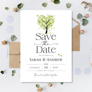 Gedruckte Frühlings-Save-The-Date-Karten Save The Date-Karten Hochzeit Sparen Abend Nacht-Empfang Sparen Sie unser Datum Minimalist Grün Liebe Herz-Baum
