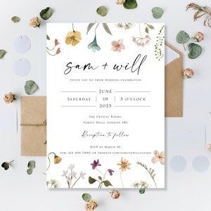 Gedrukte eenvoudige stijlvolle bruiloft dag avond receptie uitnodigingen voor feest uitnodigingen kaarten Vintage wilde bloemen Eucalyptus rustieke Boho Wildflowers