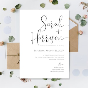 Gedruckte minimalistische Hochzeitseinladungen, klassische saubere Hochzeitseinladungen, Eukalyptusthema Hochzeitseinladungen, einfache saubere Hochzeitseinladungen