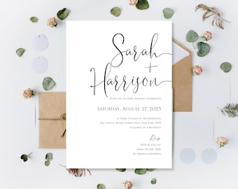 Printed Minimalistic Wedding Invitations, Classy Clean Wedding Invitations, Eucalyptus theme Wedding Invites, Simple Clean Wedding Invites