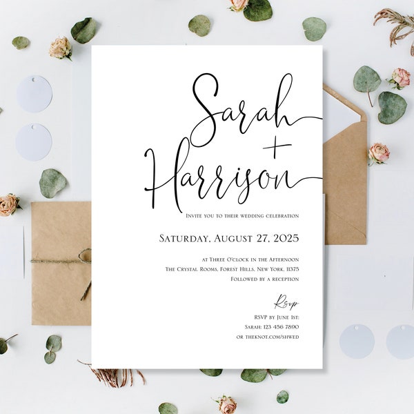 Printed Minimalistic Wedding Invitations, Classy Clean Wedding Invitations, Eucalyptus theme Wedding Invites, Simple Clean Wedding Invites