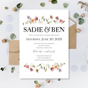 Gedruckt Hochzeitseinladungen lädt Karten Abend Tag Empfang Party Boho Blumenwiese Wilde Wildblumen Kalligraphie Vintage Einfach Floral