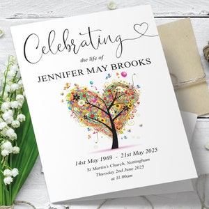 May include: A white card with black text announcing a celebration of life for Jennifer May Brooks. The card features a colorful heart-shaped tree with flowers and butterflies. The date of birth is May 14, 1969, and the date of death is May 21, 2025. The service will be held at St. Martin's Church in Nottingham on Thursday, June 2, 2025, at 11:00 am.