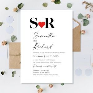 Gedrukte gepersonaliseerde liefdeshart initialen trouwdag of avond receptie partij nodigt alleen uitnodigingen Boho Floral Sage rode rustieke kaarten uit