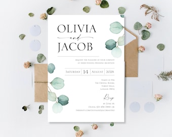 Printed Invitations For Wedding Daytime Day Ceremony Reception Party Evening Invites Stylish Eucalyptus Minimalist