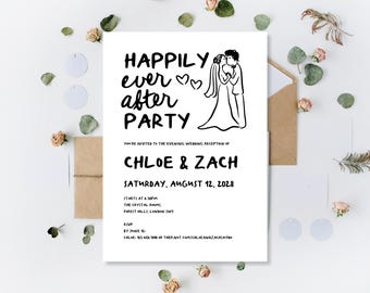 Printed Wedding Invitations: Happily Ever After Party Evening Reception Invites | Whimsical Bride Groom | Custom Wedding Day