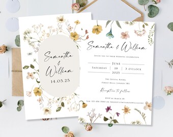 May include: A wedding invitation with a floral design. The invitation is for Samantha and William, and the wedding is on June 19, 2025, at 3 o'clock. The reception will follow. The invitation includes the address of the Crystal Rooms, Forest Hills, London SW1. RSVP by March 19.
