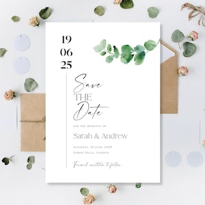 Gedruckt Sparen Sie das Datum Hochzeitskarten Hochzeit sparen die Datumskarten sparen die unsere Abendnacht-Empfang sparen unser Datum Hochzeit Grün Eukalyptus