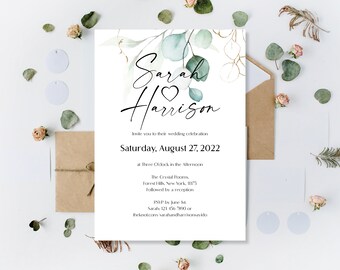 Printed Eucalyptus Wedding Invitations, Greenery Wedding Invites, Rustic Twine Invites, Green Wedding Invites, Botanical Floral Invitations