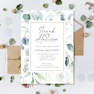 Invito di nozze pulito elegante stampato, matrimonio a tema eucalipto, invito di spago verde botanico, stampa il mio invito di nozze invito bordo oro