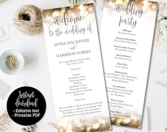 Gold Wedding Day Program Template, Gold Hearts Wedding, Ceremony Order of Service Booklet Program, Church Civil Wedding Program Template