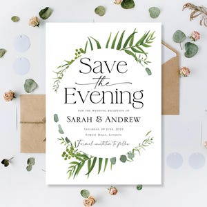 Cartões de reserva de data impressos para casamento, dia, noite, cartões de reserva de data, cartões de reserva de data para casamento, noite, reserva de nossa data, eucalipto, minimalista, simples, verde