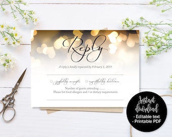 Gold Hearts RSVP Cards, Wedding Reply, Wedding Attendance, Acceptance Cards, RSVP Template, Printable Editable Wedding, Download RSVP Insert