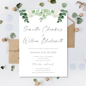 Gedruckt Eukalyptus Voll Hochzeit Tag oder Abend Empfang Party Einladungen Lädt Einfache Salbei Grün Grün Karten Rustikal Floral Boho