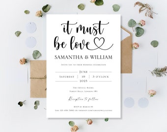 Printed Luxury Personalised It Must Be Love Heart Wedding Invitations Invites Day Or Evening Reception Party Calligraphy Invitation Invite