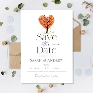 Gedrukte herfst/herfst Save The Date-kaarten Save-The-Date-kaarten Bruiloftsavond Nachtreceptie Notitiekaarten Minimalistisch Love Heart Tree