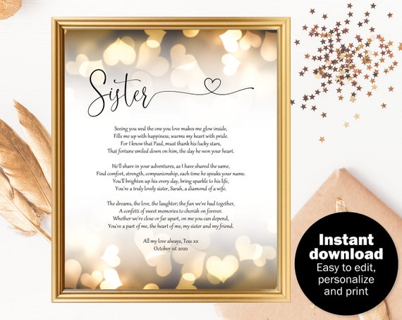 To My Beautiful Sister On My Wedding Day PRINTBLE To My Sister On My Wedding Day