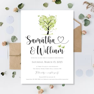 Gedruckt Personalisierte Frühling Grün Hochzeit lädt Einladungen Tag Gäste Abend Empfang Nur Party Einladung laden Liebe Herz Baum