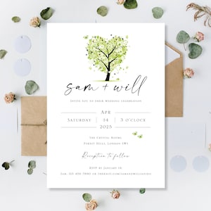 Invitaciones de boda de primavera personalizadas impresas invitan a invitar a invitados durante el día o fiesta de recepción por la noche Árbol de corazón de amor verde