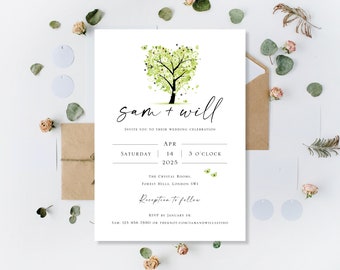 Printed Personalised Spring Wedding Invitations Invites Invitation Invite Daytime Guests Or Evening Reception Party Green Love Heart Tree