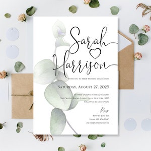 Printed Green Gold Eucalyptus Wedding Invitations, Print Wedding Invites, Gold Botanical Floral Wedding Invitations Invites, Wedding Invites