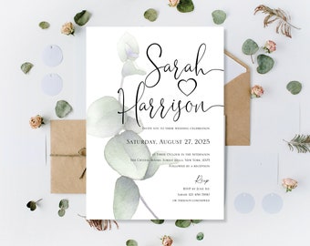 Printed Green Gold Eucalyptus Wedding Invitations, Print Wedding Invites, Gold Botanical Floral Wedding Invitations Invites, Wedding Invites