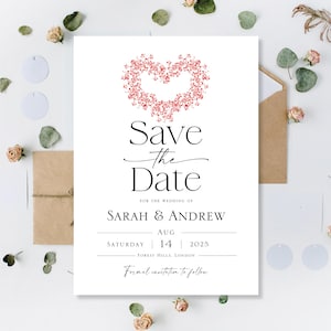 Bedrukte Save The Date-avond-avond-dag-nachtkaarten Save The Date-kaarten Bruiloftsavond Red Love Heart Bloemen minimalistisch