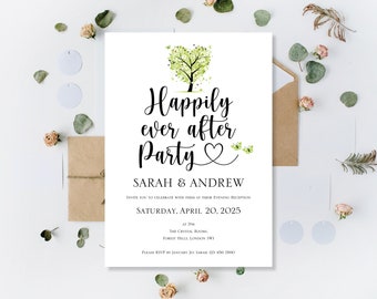 Printed Wedding Invitations Green Spring Happily Ever After Party Invite Reception Evening Wedding Love Heart Tree Personalised Invitation