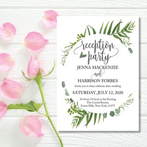 May include: A white wedding reception invitation with green foliage and the text "reception party" in cursive. The invitation includes the names Jenna Mackenzie and Harrison Forbes, the date Saturday, July 12, 2020, and the location The Crystal Rooms, Forest Hills, New York, 11375.