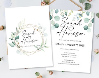 Printed Eucalyptus Wedding Invitations, Green Gold Wreath Wedding Invite, Print My Wedding Invites, Botanical Rustic Invites Wedding Invite