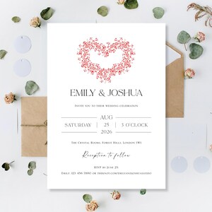 Invitaciones de boda impresas Invitaciones de día o de noche Recepción Tarjetas de fiesta Corazón rojo Amor Minimalista Invitación de boda personalizada