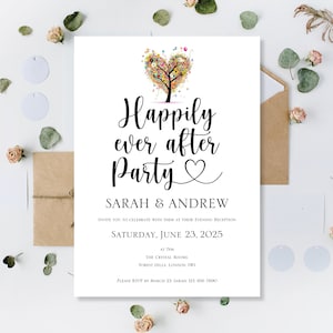 Gedrukte Trouwkaarten Zomer Happily Ever After Party Uitnodigen Receptie Avond Bruiloft Regenboog Liefde Hart Boom Gepersonaliseerde Uitnodiging