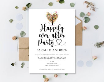 Printed Wedding Invitations Summer Happily Ever After Party Invite Reception Evening Wedding Rainbow Love Heart Tree Personalised Invitation