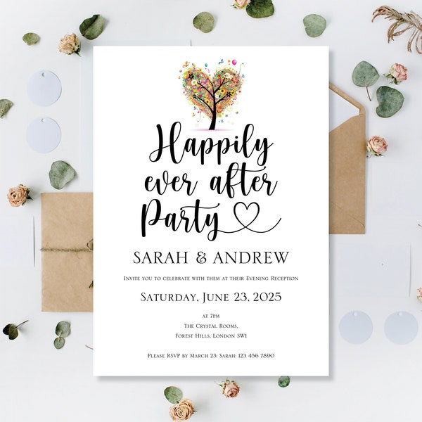 Invitations de mariage imprimées Summer Happily Ever After Party Invite Réception Soirée Mariage Rainbow Love Heart Tree Invitation personnalisée