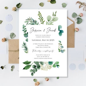 Gedruckte Eukalyptus-Grenze Hochzeitstag Voll-oder Abend-Empfangs-Party lädt nur Einladungen ein Einfache Blumen-Salbei-grüne Karten rustikaler Boho