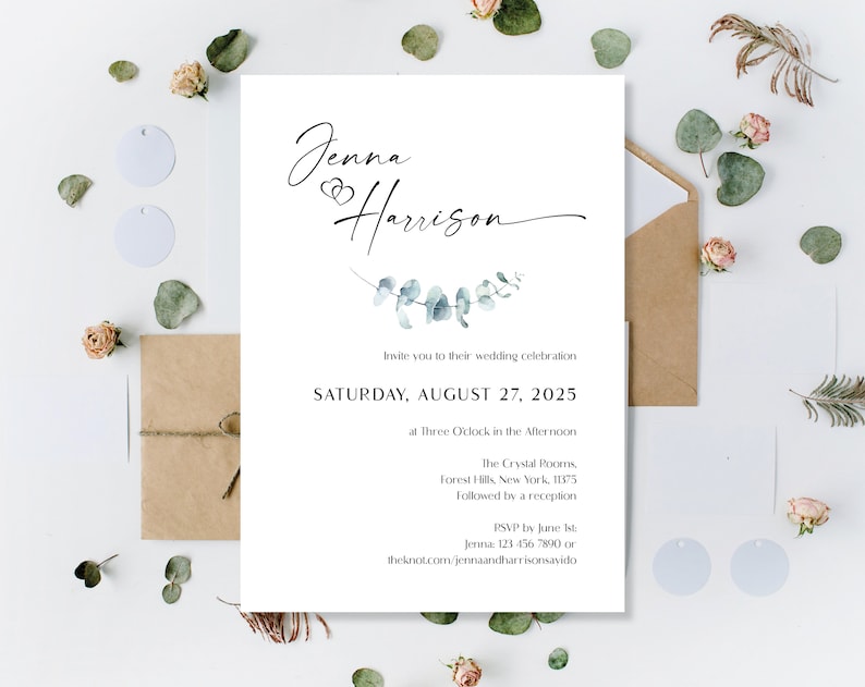 Printed Eucalyptus Wedding Invitations, Greenery Wedding Invites, Green Wedding Invites, Botanical Rustic Invites, Wedding Reception Invites image 5