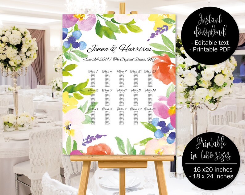 Watercolor Floral Wedding Template Seat Plan Wedding Table Plan Chart Wedding Seating Chart Plan Printable Template Border 3 SEATING-3
