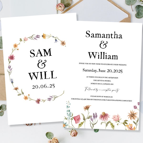 Printed Wedding Invitations Invites Cards Day Evening Party Reception Flower Meadow Wildflowers Pressed Flowers Floral Vintage Minimalist