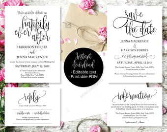 Wedding Invitation Template Set, Save the Date Printable, Invite, RSVP Reply Card, Guest Information, Editable Printable Wedding Templates