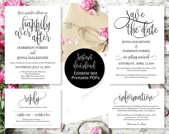 Invitaciones De Boda Personalizables: Set Completo Con RSVP, Tarjetas De Menú Y Guardar Fecha