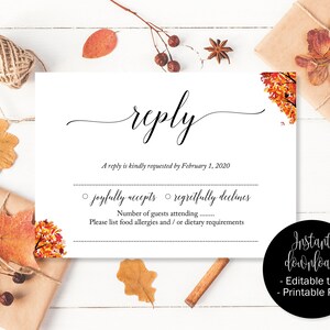 Bruiloft RSVP-kaarten, herfst bruiloft antwoord aanwezigheid acceptatiekaarten, de herfst RSVP afdrukbare, bewerkbare bruiloft downloaden eenvoudige RSVP invoegen