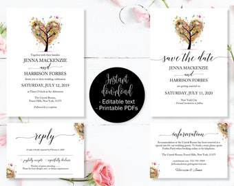 Summer Love Tree Wedding Invitation Template Set, Save the Date Printable, Invite RSVP Reply Card Guest Information, Editable Printables