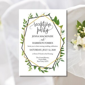 May include: A white wedding reception invitation with a gold geometric frame and green foliage. The text reads "Reception Party" with the names Jenna Mackenzie and Harrison Forbes, the date Saturday, July 12, 2020, and the location The Crystal Rooms, Forest Hills, New York, 11375.